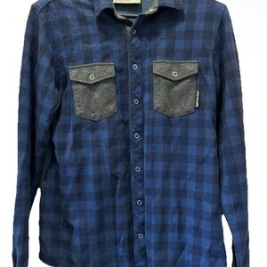Ortovox Merino Wool Blue Plaid Flannel Shirt with Grey Pockets Mens Sz M 